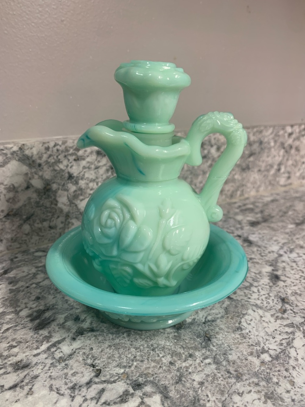 Vintage  1970’s Avon Mint Green Glass Pitcher and Bowl Set